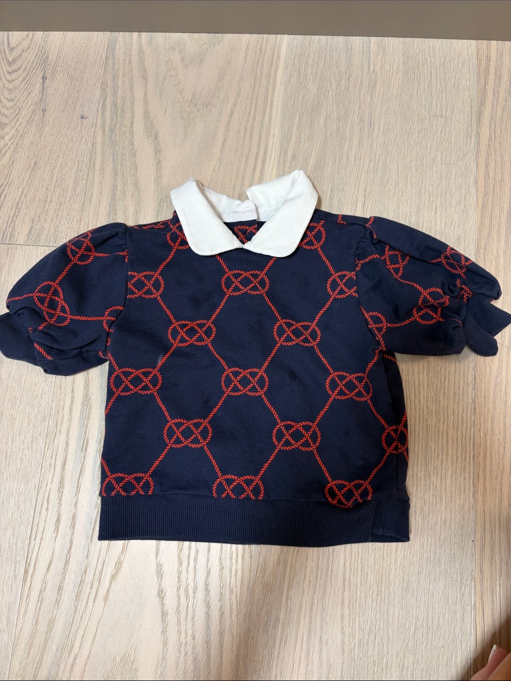 Navy Blue & Red Knot-Pattern Peter Pan Collar Top- 3T